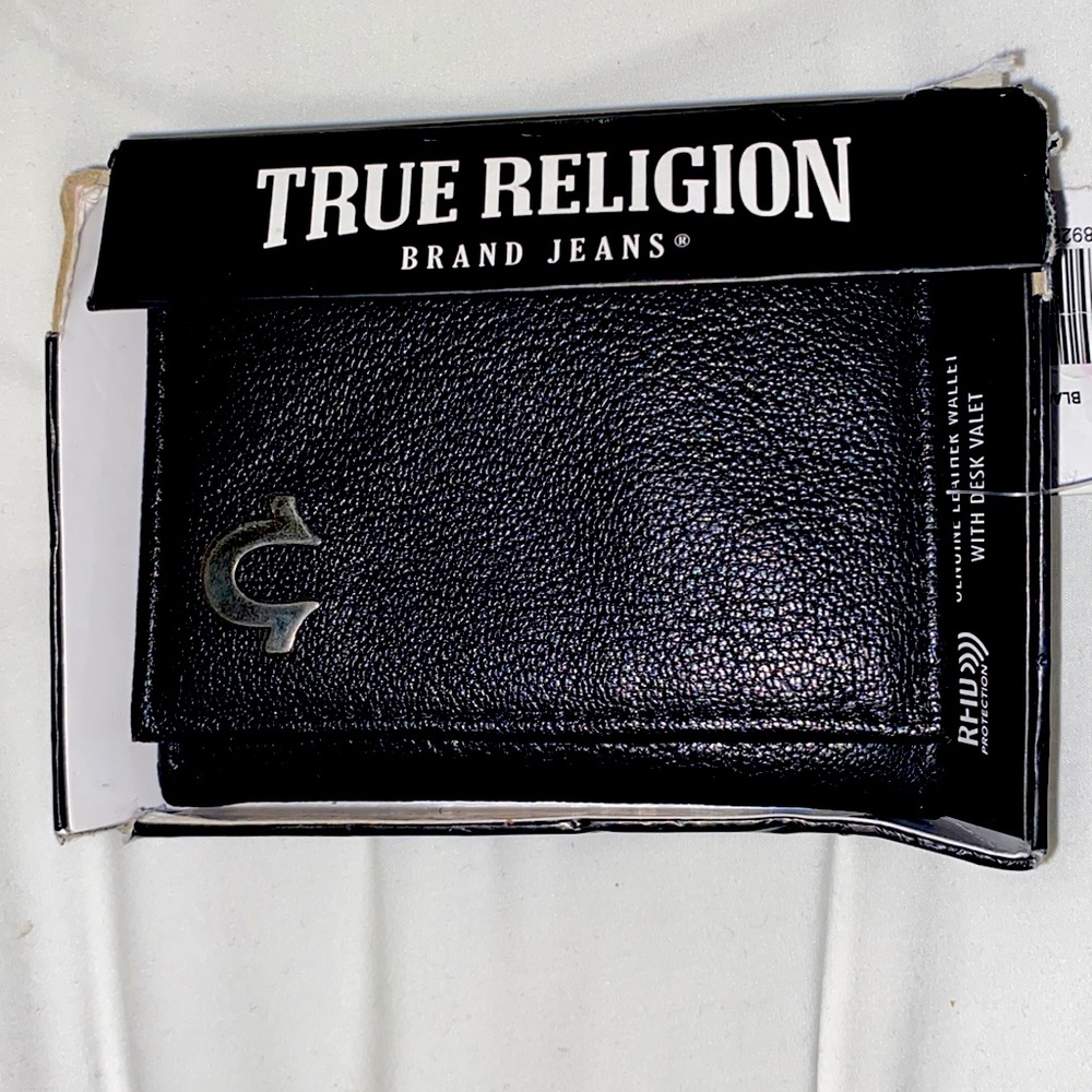 New True Religion Tri Fold black Wallet
